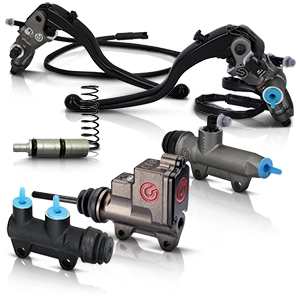 Brembo foot brake cylinders for motorcycles with levers, springs, and various connections.